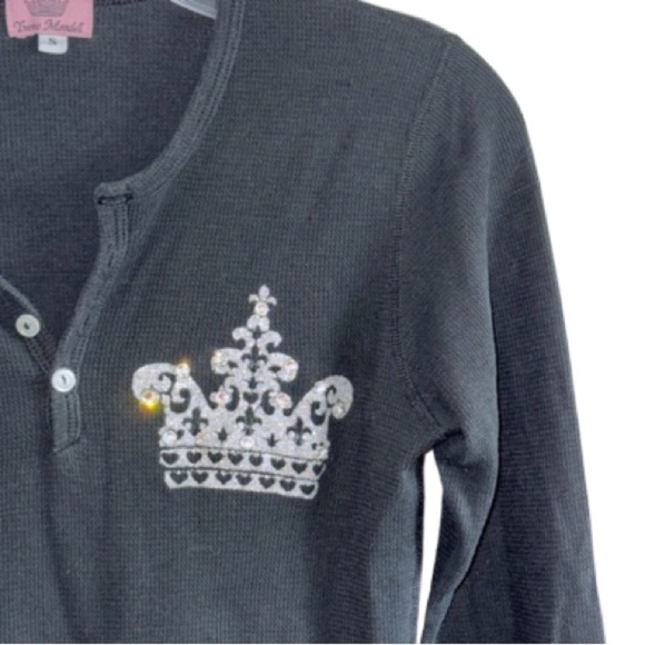 Yvette Mandell Black Crown Henley Sz Small Embellished Rhinestones Thermal - Picture 3 of 7